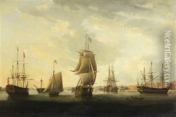 Men-o'-war In Portsmouth Harbour Oil Painting - Thomas (Captain) Elliott