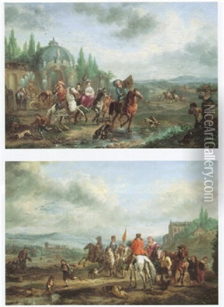 Hawking Partie With Elegant Figures On Horseback In Hilly Landscape Oil Painting - Carel van Falens
