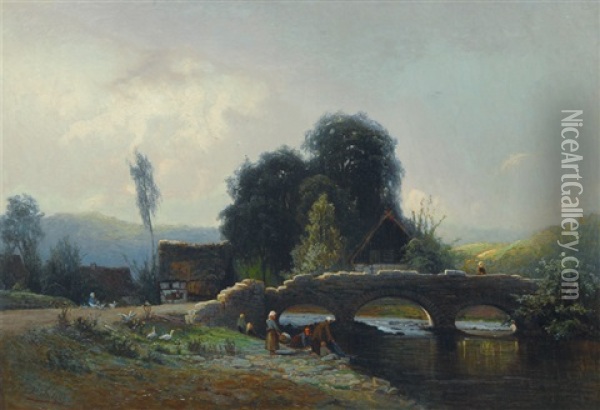 Washerwomen At A Bridge Oil Painting - Moritz Eduard Lotze
