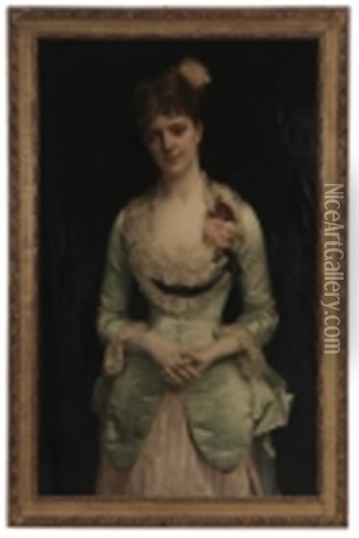 Portrait Of Miss Matthews, In Green Silk Satin And Lace Gown Oil Painting - Alexandre Cabanel