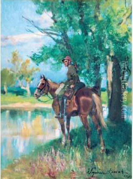 Soldat A Cheval Au Bord De Riviere Oil Painting - Wojciech Von Kossak