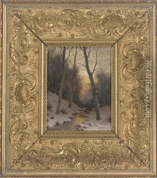 Sunset Over A Stream Through A Snowy Forest Oil Painting - Eduard, Hein Jr.
