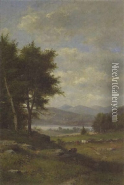 A Pastoral Landscape With Cattle Grazing And A River Beyond Oil Painting - George Frank Higgins
