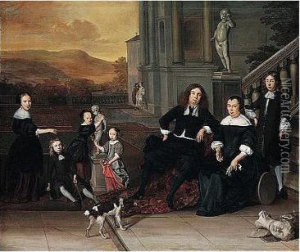 A Portrait Of A Family Group On A
 Terrace By An Elegant House, Possibly A Self-portrait With His Family Oil Painting - Eglon Hendrick Van Der Neer