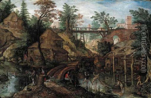 A Wooded River Landscape With Fisherman By Cottages, A Wooden Bridge Beyond Oil Painting - Pieter Stevens