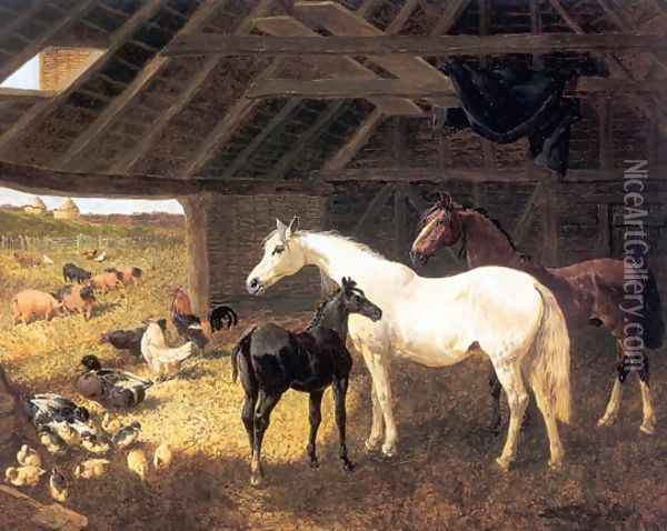 Horses and Poultry in a Barn Oil Painting - John Frederick Herring Snr