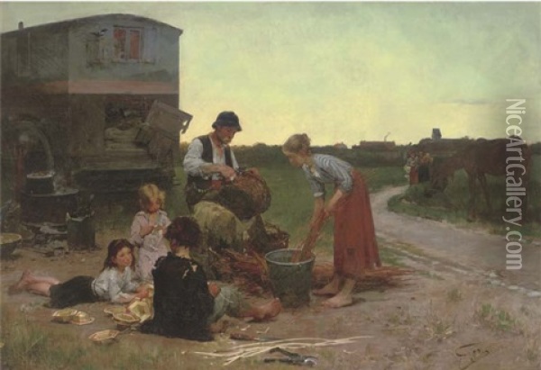 A Family Of Basket Weavers Oil Painting - Henry Jules Jean Geoffroy