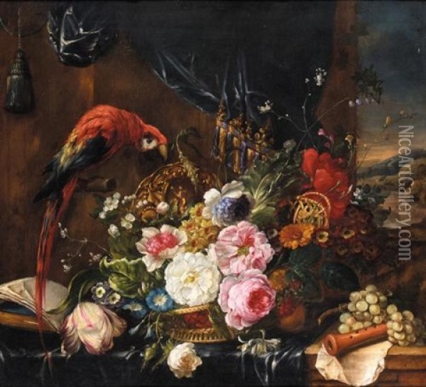 A Still Life Of Various Flowers In A Basket With A Parrot Oil Painting - Pierre Nicolas Huilliot