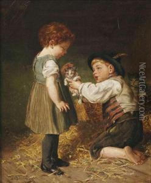 Two Children With Kittens In A Stable Oil Painting - Felix Schlesinger
