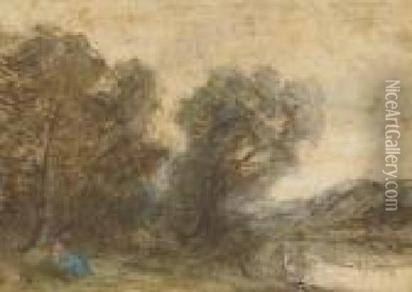 Un Paysage Avec Des Arbres Et Une Riviere, Une Figure Assise A Gauche Oil Painting - Jean-Baptiste-Camille Corot