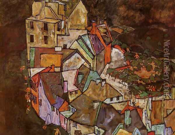 Edge of Town (Krumau Town Crescent III) Oil Painting - Egon Schiele