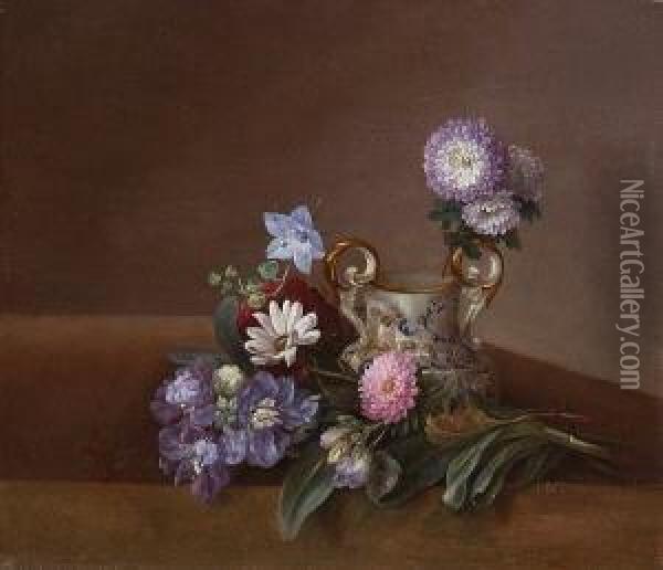 Stillleben Mit Sommerblumen Und
 Porzellanvase. Oil Painting - Lucie M. Mandix Ingemann