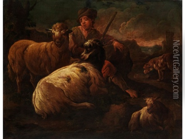 Schlafender Schafer Mit Ziege Und Schafen In Abendlicher Landschaft Oil Painting - Cajetan Roos