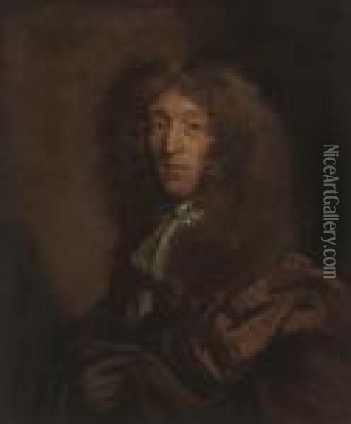 Portrait Of Sir Bulstrode 
Whitelocke Of Phillis Court, Bust-length,in A Rust Robe And Lace Cravat Oil Painting - Sir Peter Lely