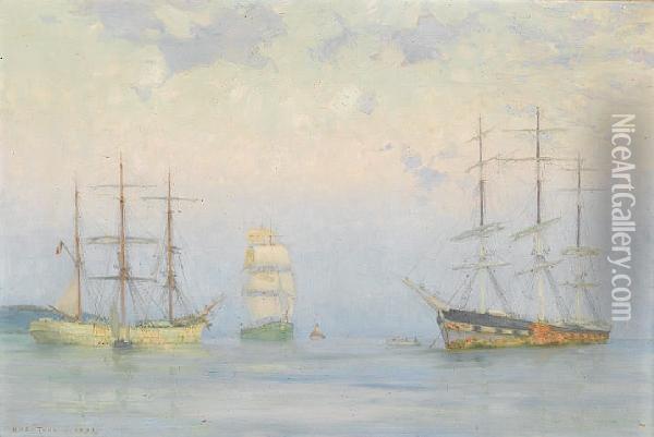 Shipping At Anchor, Carrick Roads Oil Painting - Henry Scott Tuke