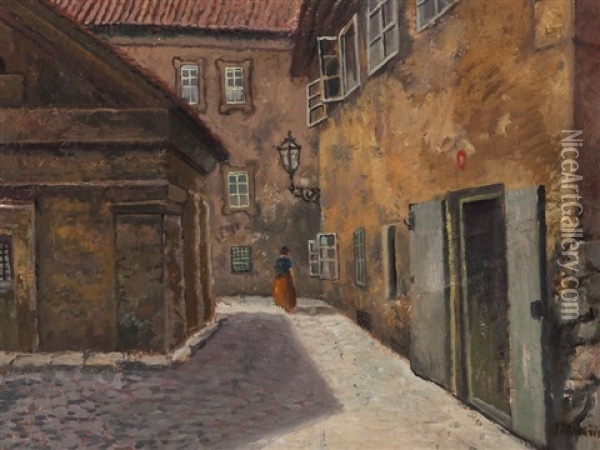 View Of A Courtyard Oil Painting - Jan B. Minarik