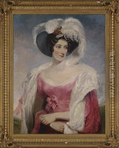 Portrait Of Mrs. Thomas Holroyd In A Pink Dress With Matching Cloak And Feathered Hat Oil Painting - Thomas Lawrence