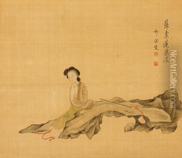 Chinese Beauty Oil Painting - Chikuden Tanomura