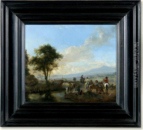 An Italianate Landscape With A Hawking Party Oil Painting - Pieter Wouwermans or Wouwerman