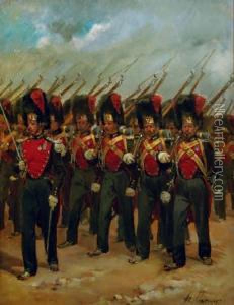 French Soldiers Marching Oil Painting - Henri-Louis Dupray