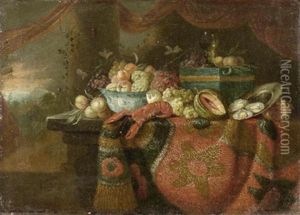 Still Life With Fruits, Oysters And Lobster On A Table Before A Landscape Oil Painting - Jan Baptist Brueghel