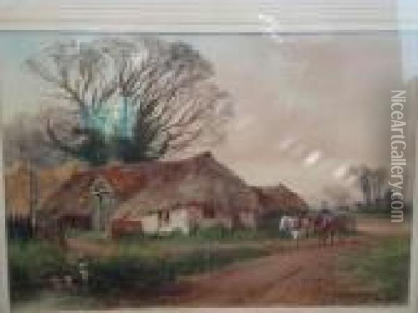Plough Team Passing A Country Cottage Oil Painting - Henry Charles Fox