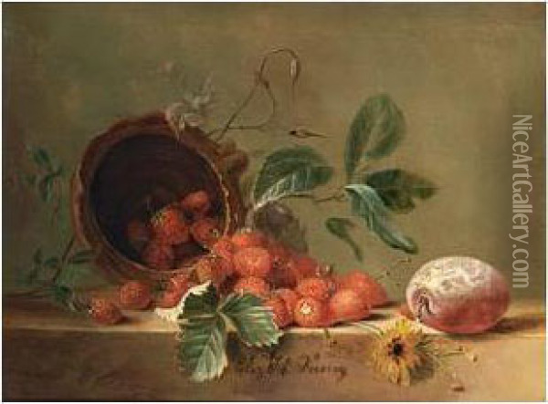 A Still Life With Strawberries And A Prune Oil Painting - Elisabeth Johanna Koning