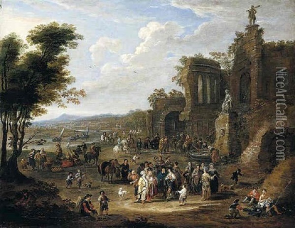 A River Landscape With Orientals And Locals Conversing Before A Set Of Ruins Oil Painting - Mathys Schoevaerdts
