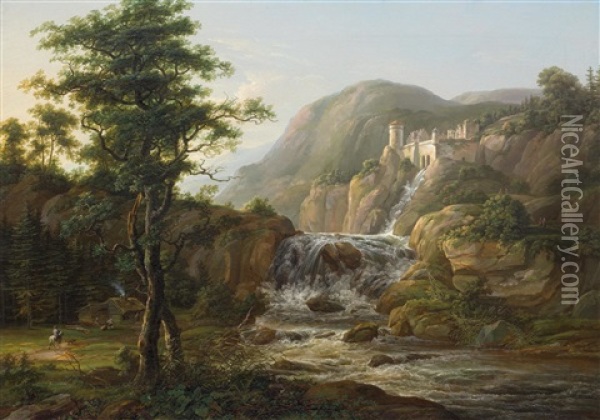 Gebirgslandschaft Mit Wasserfall, Burganlage Und Reisendem Zu Pferd Vor Einer Hutte Oil Painting - Johan Christian Dahl