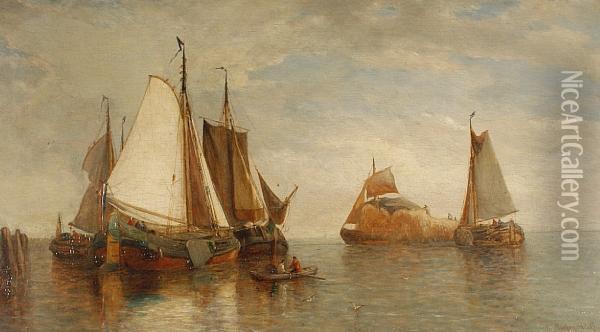 Vessels In A Harbour Oil Painting - Rafael Monleon y Torres