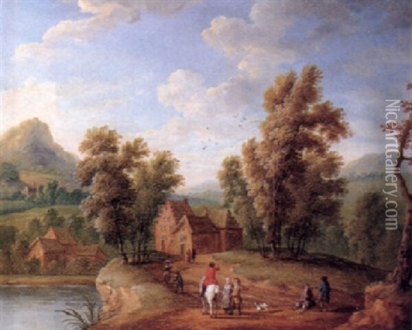 Travellers An Peasants On Country Roads In Riverlandscapes On A Summerday Oil Painting - Mathys Schoevaerdts