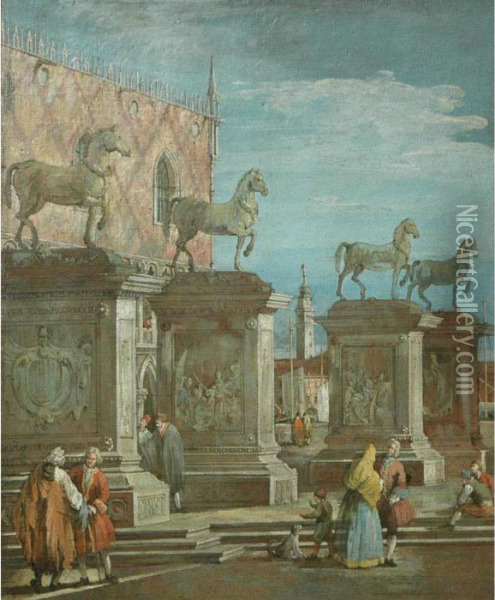 Capriccio With Four Horses From The Piazza San Marco Oil Painting - (Giovanni Antonio Canal) Canaletto