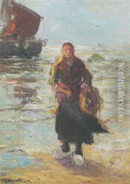 A Fisherwoman On The Beach Oil Painting - Gerhard Arij Ludwig Morgenstjerne Munthe