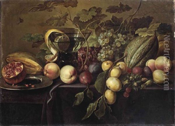 Plums, Peaches, Grapes, Melons, A Half Pomegranate, And A Peeled Lemon In A Glass, All On A Partially Draped Table Oil Painting - Michiel Simons