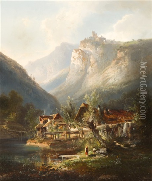 Gehoft In Alpinem Tal Mit Blick Auf Eine Burgruine Oil Painting - Ferdinand Feldhuetter