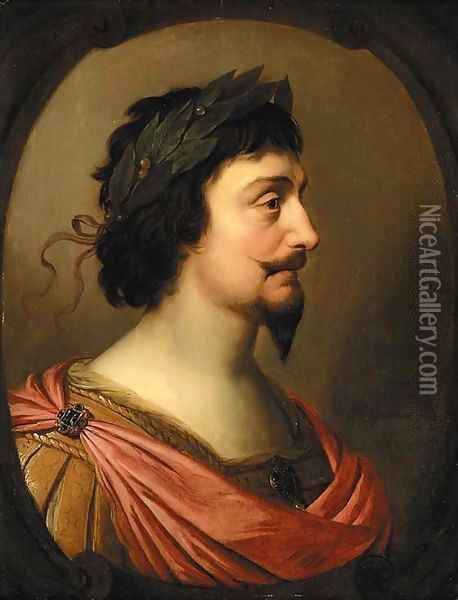 Portrait of King Frederick V of Bohemia, bust-length, in profile, a la Romaine, in a feigned oval cartouche Oil Painting - Gerrit Van Honthorst