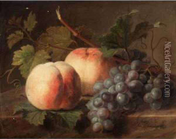 Two Peaches And Grapes Resting On A Marble Ledge Oil Painting - Cornelis van Spaendonck