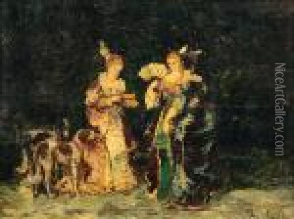 Trois Elegantes Aux Deux Chiens Oil Painting - Adolphe Joseph Th. Monticelli