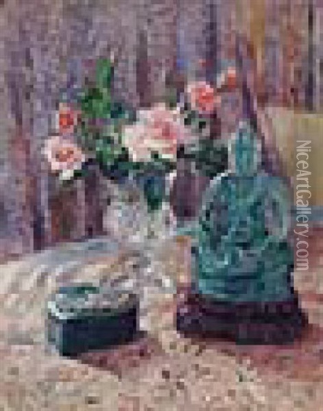 Still Life With Roses And Jade Sculpture Oil Painting - James Bolivar Manson