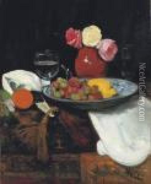 Still Life With Roses, Fruit And Wine Glasses Oil Painting - George Leslie Hunter