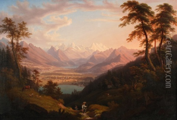 Blick In Weite Alpenlandschaft Mit See Oil Painting - August Christian Geist