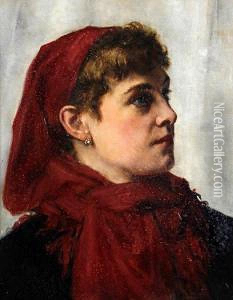 A Lady Wearing A Red Headscarf Oil Painting - John William North