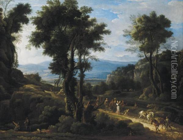 A Wooded Landscape With Travellers On A Track And Peasants Music Making Oil Painting - Jan Frans Van Bloemen (Orizzonte)