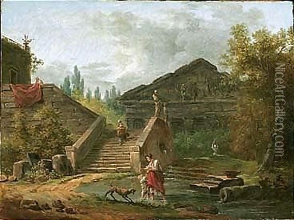 An Architectural Capriccio Of A Classical Temple, With A Maid Descending A Staircase, Another Maid And A Child Standing In A Pool, A Dog Nearby Oil Painting - Hubert Robert