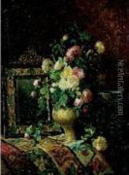 Nature Morte Au Bouquet De Roses Dans Un Vase Ottoman Et Iznik Oil Painting - Dominique Rozier