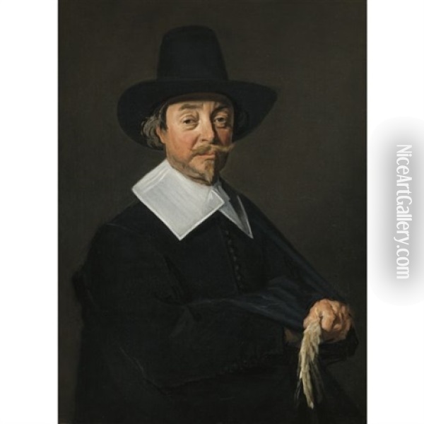 Portrait Of A Man, In Black, Wearing A Hat And Holding A Pair Of Gloves Oil Painting - Frans Hals