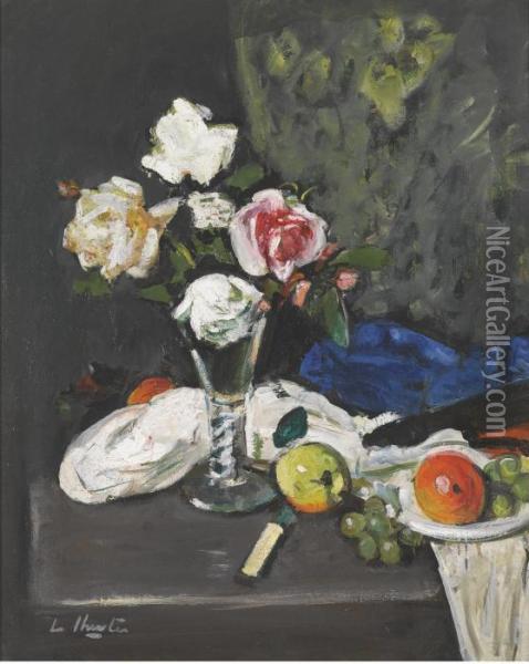 Still Life With Fruit And Roses In A Wine Glass Oil Painting - George Leslie Hunter