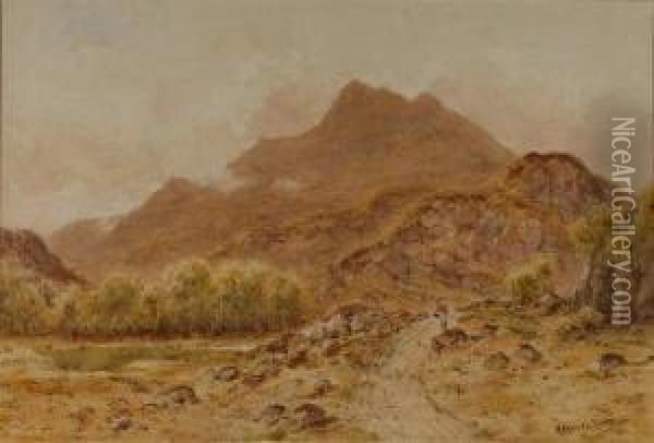 Mountainous Landscape With A Figure On Arocky Path By A Pond Oil Painting - Herbert Moxon Cook