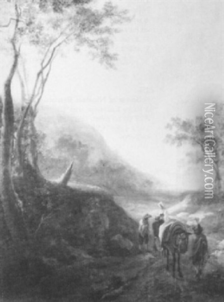A Rocky Wooded Landscape With                               Peasants And A Donkey On A Track Oil Painting - Jan Dirksz. Both