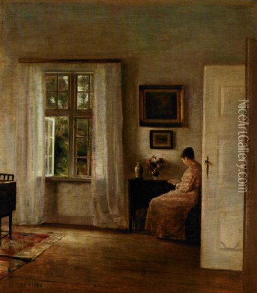 Interior Med Sollys Pg Laesende Kvinde Oil Painting - Carl Vilhelm Holsoe